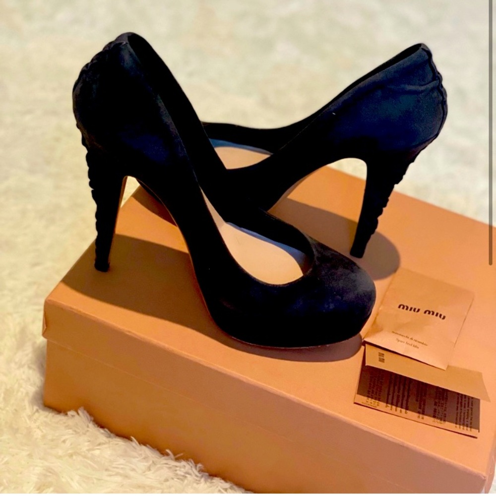 Miu Miu Charcoal Suede With Ruched Accent Heels - image 1